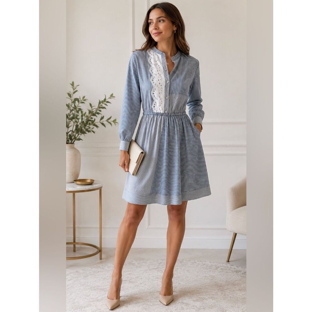 🦋 Rebecca Taylor La Vie Mixed Striped Eyelet Handkerchief Hem Shirt Dress